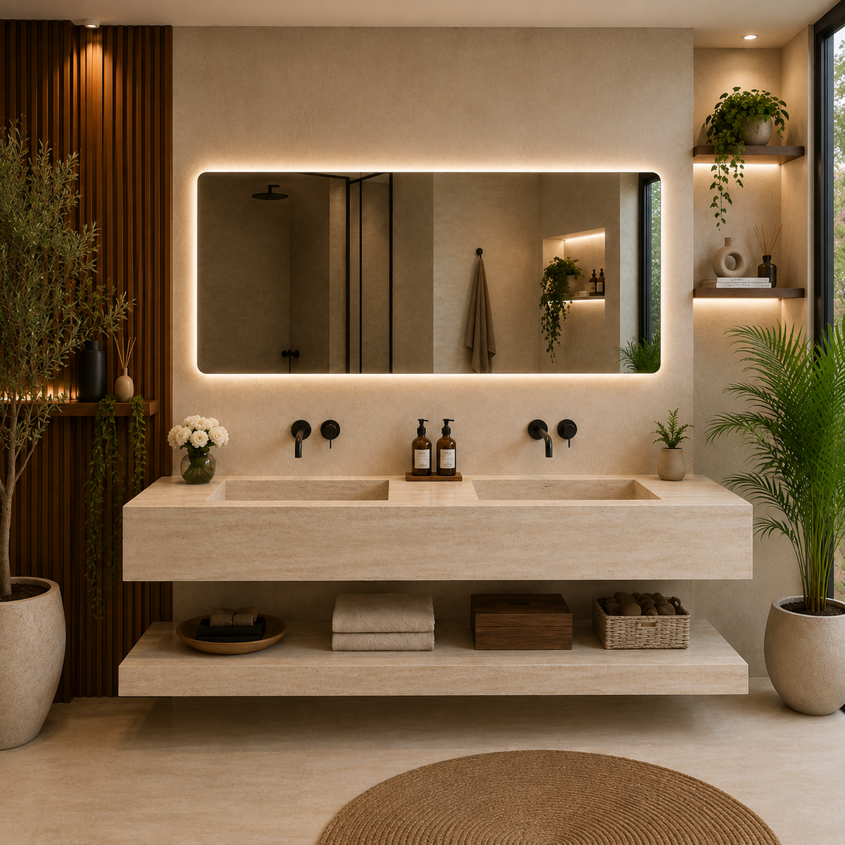 Lavabo Sena Travertino 140 con balda y espejo LED