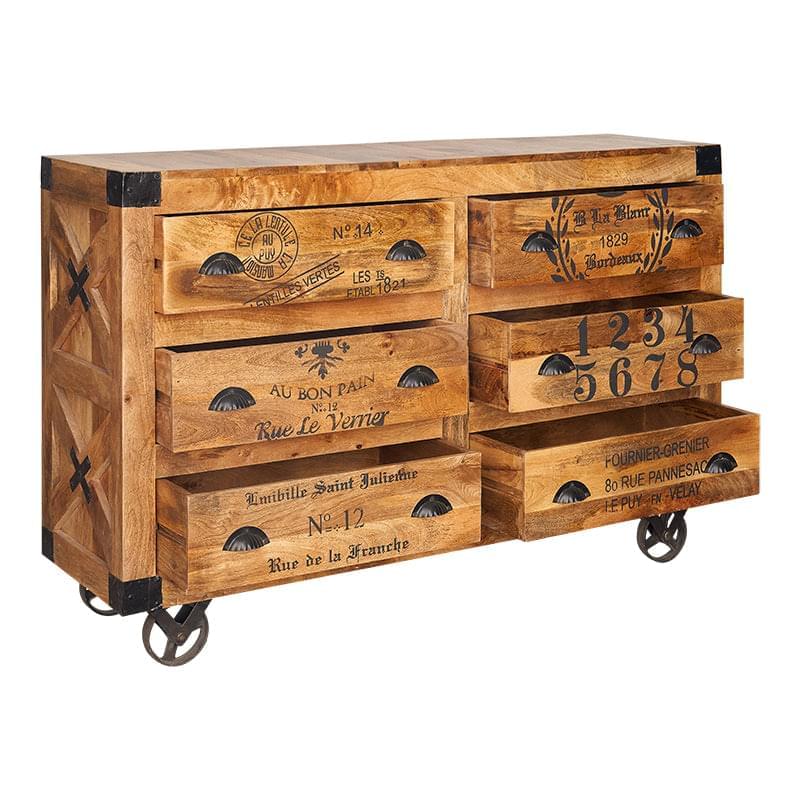 Aparador con Ruedas Móvil 6 Cajones de Madera de Mango Caroline