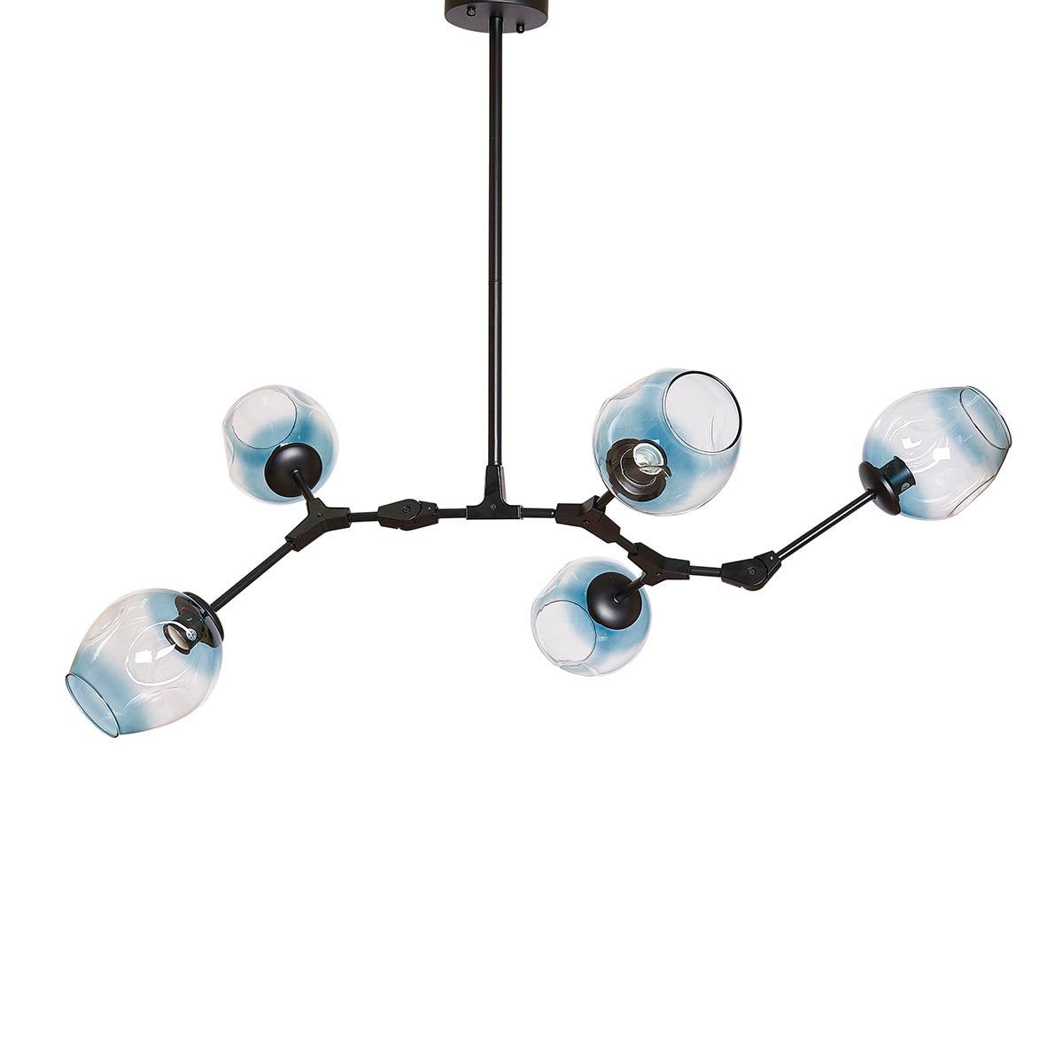 Luminária de teto de 5 braços em aço preto e vidro azul Lustre