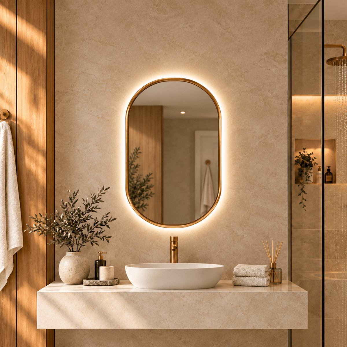 Espejo LED de Baño Ovalado con Marco Dorado · 3 Tonos y Antivaho - Vintahome