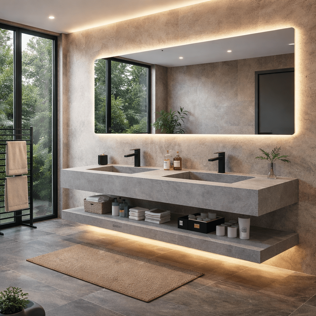 Lavabo Essenza de piedra sinterizada con espejo LED 140 – Conjunto suspendido de baño - Vintahome