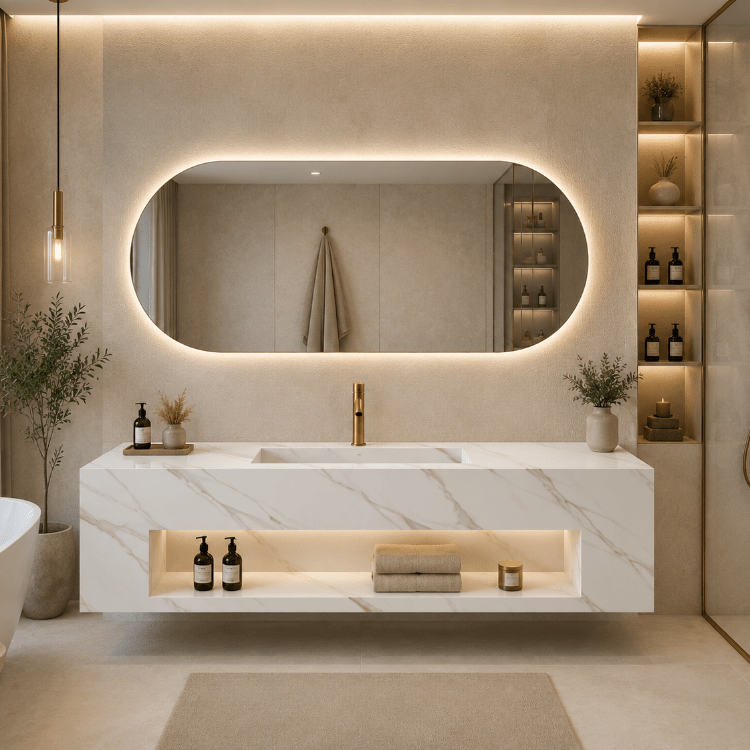 Lavabo VARENNA de piedra sinterizada Calacatta Gold con espejo LED – Conjunto suspendido de baño - Vintahome