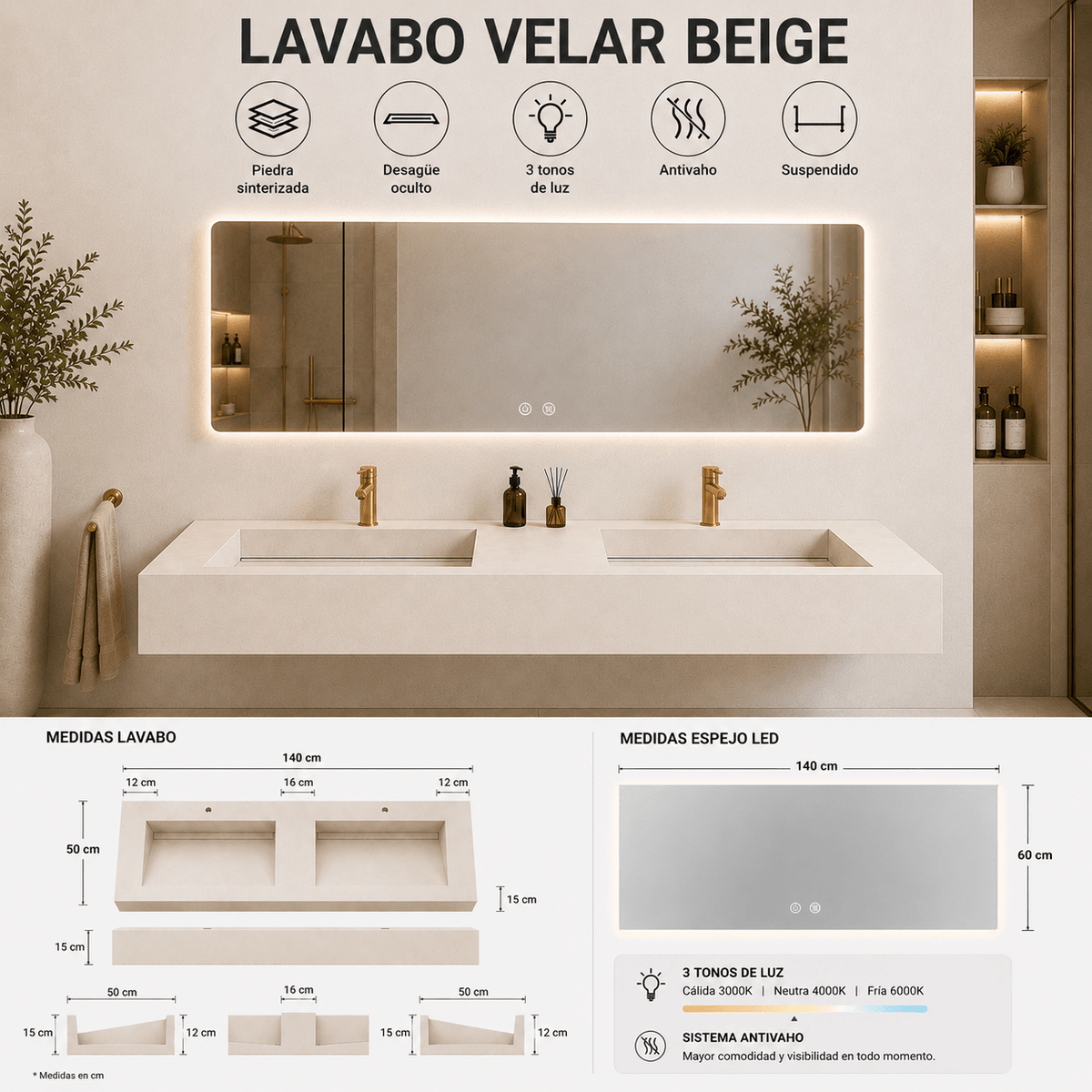 Lavabo Velar Beige de piedra sinterizada con espejo LED 140 - Conjunto suspendido de baño - Vintahome