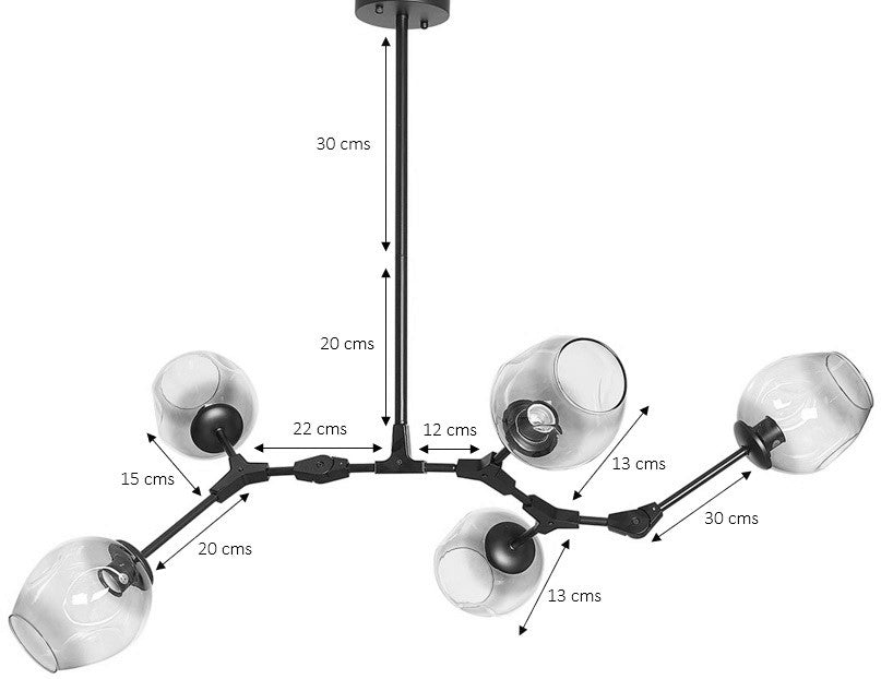 Lámpara de techo 5 brazos acero negro y cristal gris Chandelier