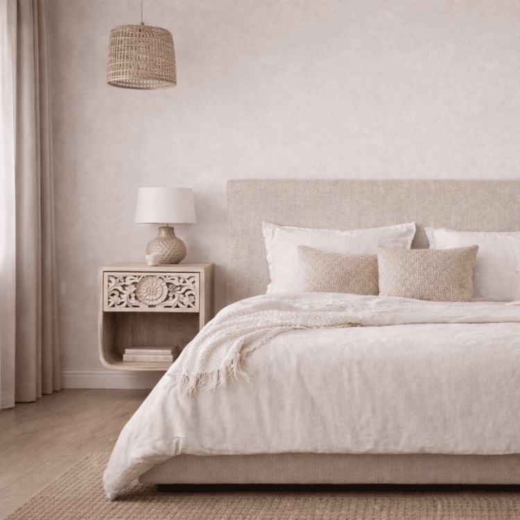Mesilla de noche NILA en madera maciza con frente tallado – Blanco desgastado - Vintahome