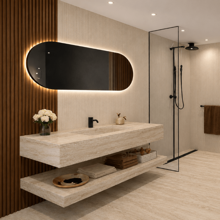 Mueble de baño Nora 140 con espejo LED antivaho en travertino mate - Vintahome