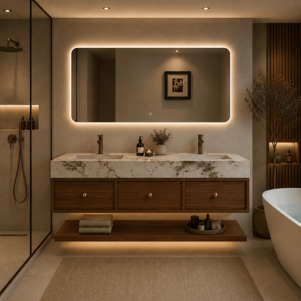 Mueble de baño Sendai con espejo LED, 3 cajones y piedra sinterizada pandora - Vintahome
