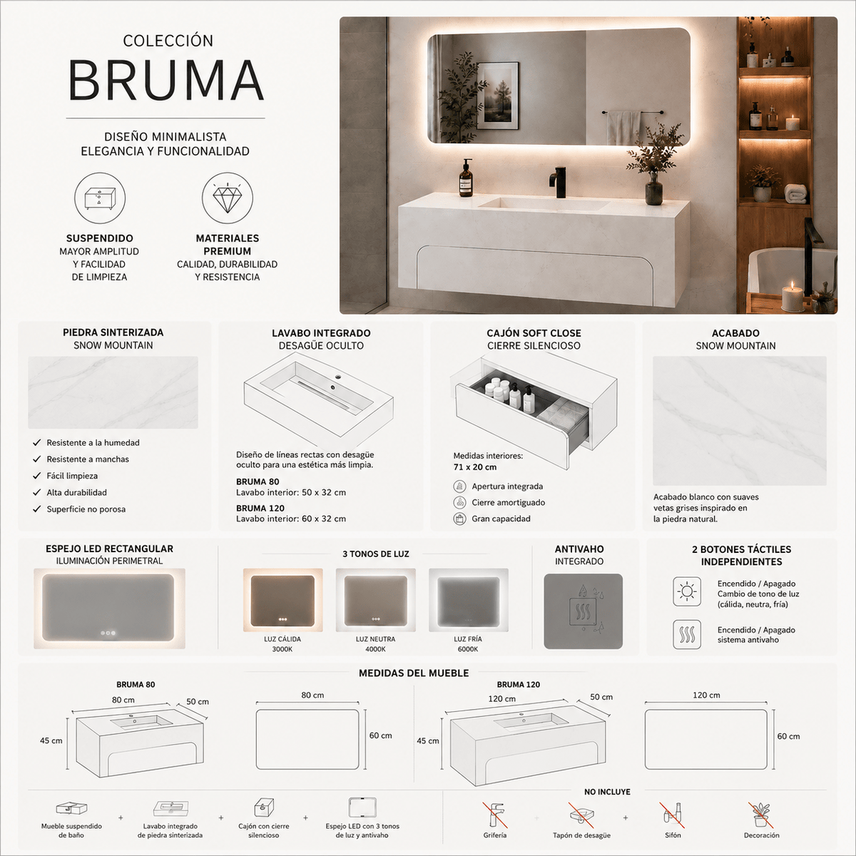 Mueble de baño suspendido bruma con lavabo integrado y espejo Led - Vintahome