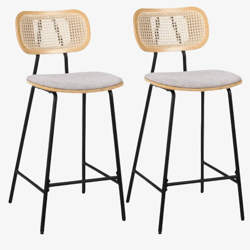 Pack de 2 taburetes de bar H65 madera natural, ratán y tela beige Alan - Vintahome
