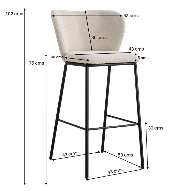 Tabouret de bar Cecilia 75cm tissu beige antitache