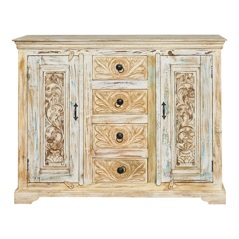 Buffet vintage 4 tiroirs et 2 portes en bois sculpté Hall