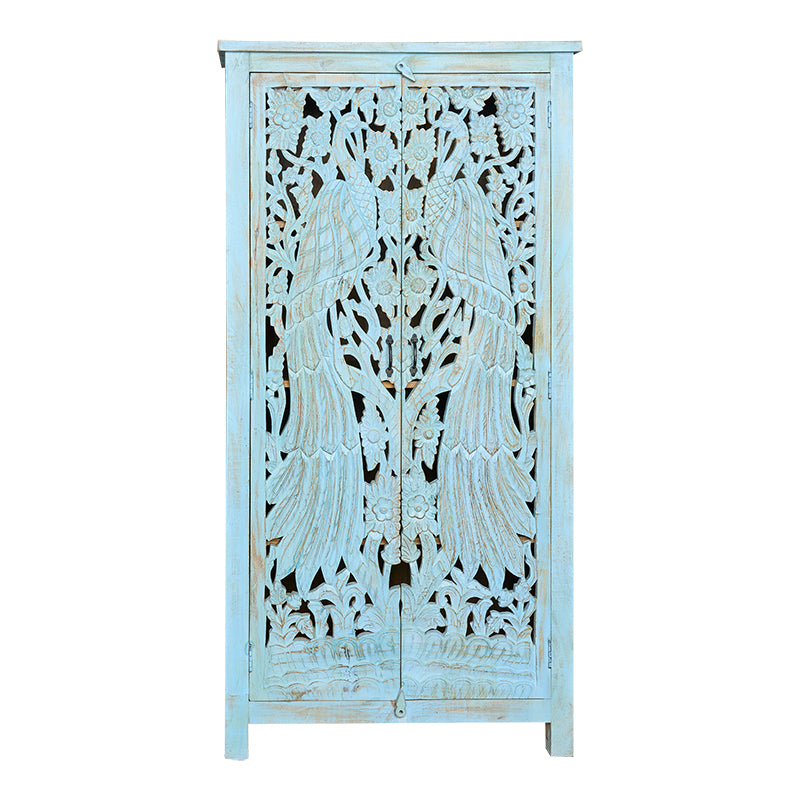 Armoire en manguier sculpté Karol à patine bleue