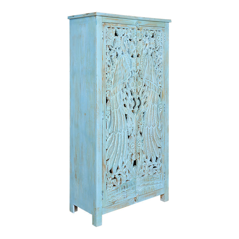 Armoire en manguier sculpté Karol à patine bleue