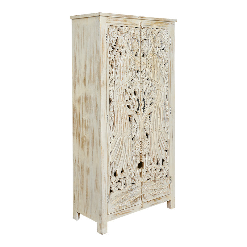 Armoire en manguier sculpté Karol à patine blanche