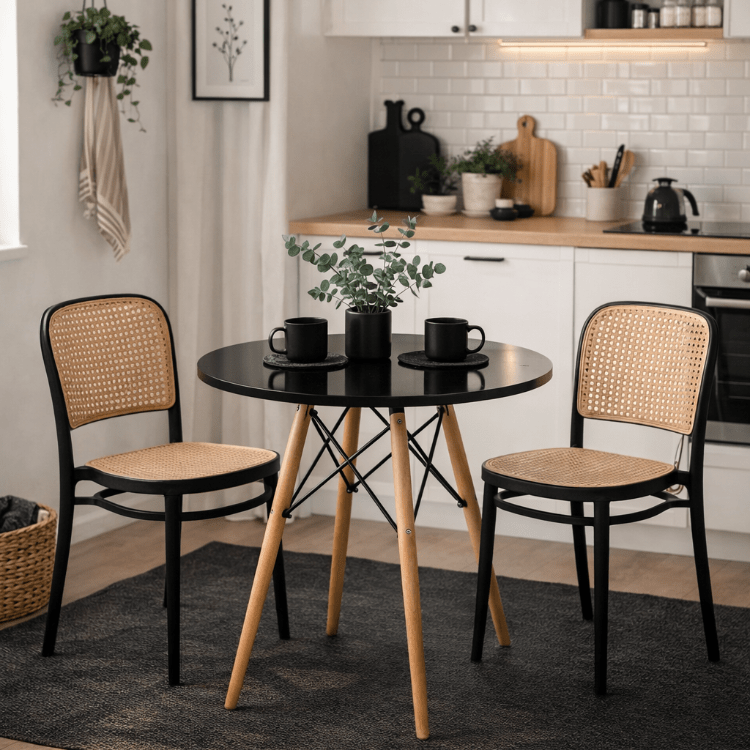 Conjunto mesa redonda blanca con 2 sillas de ratán Domus - Vintahome