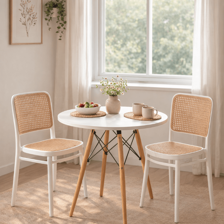 Conjunto mesa redonda blanca con 2 sillas de ratán Domus - Vintahome