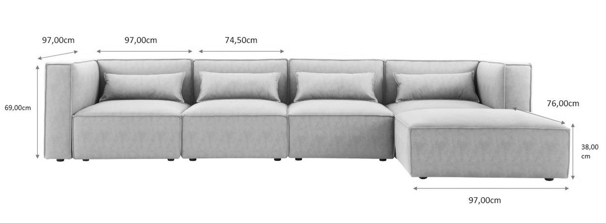 Canapé modulable 4 places avec 2 canapés d'angle et 1 pouf Capri gris