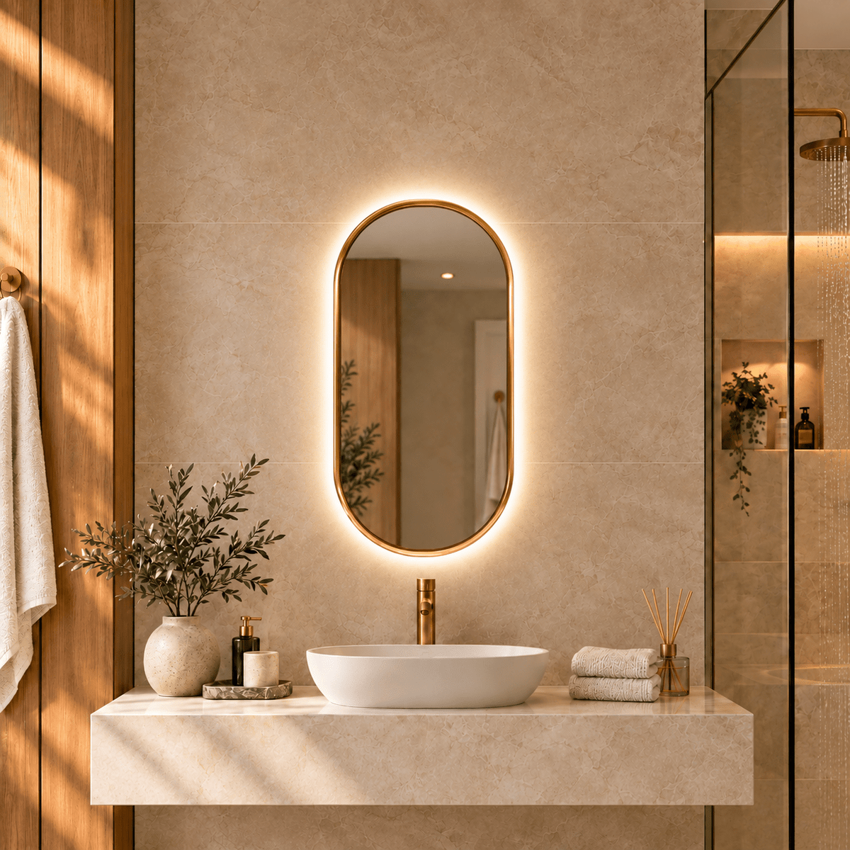 Espejo LED de Baño Ovalado con Marco Dorado · 3 Tonos y Antivaho - Vintahome