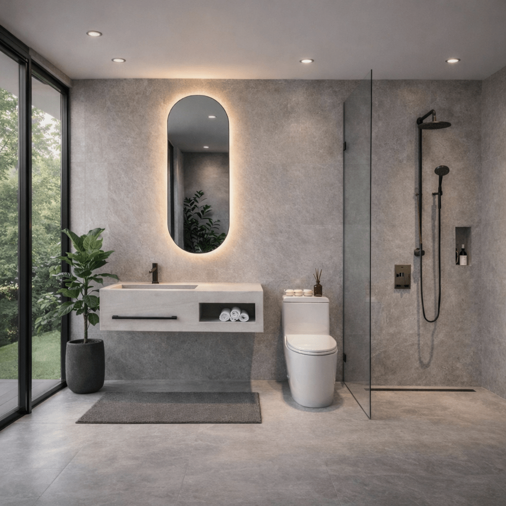 Lavabo AURA de piedra sinterizada con espejo LED · Conjunto suspendido de baño - Vintahome