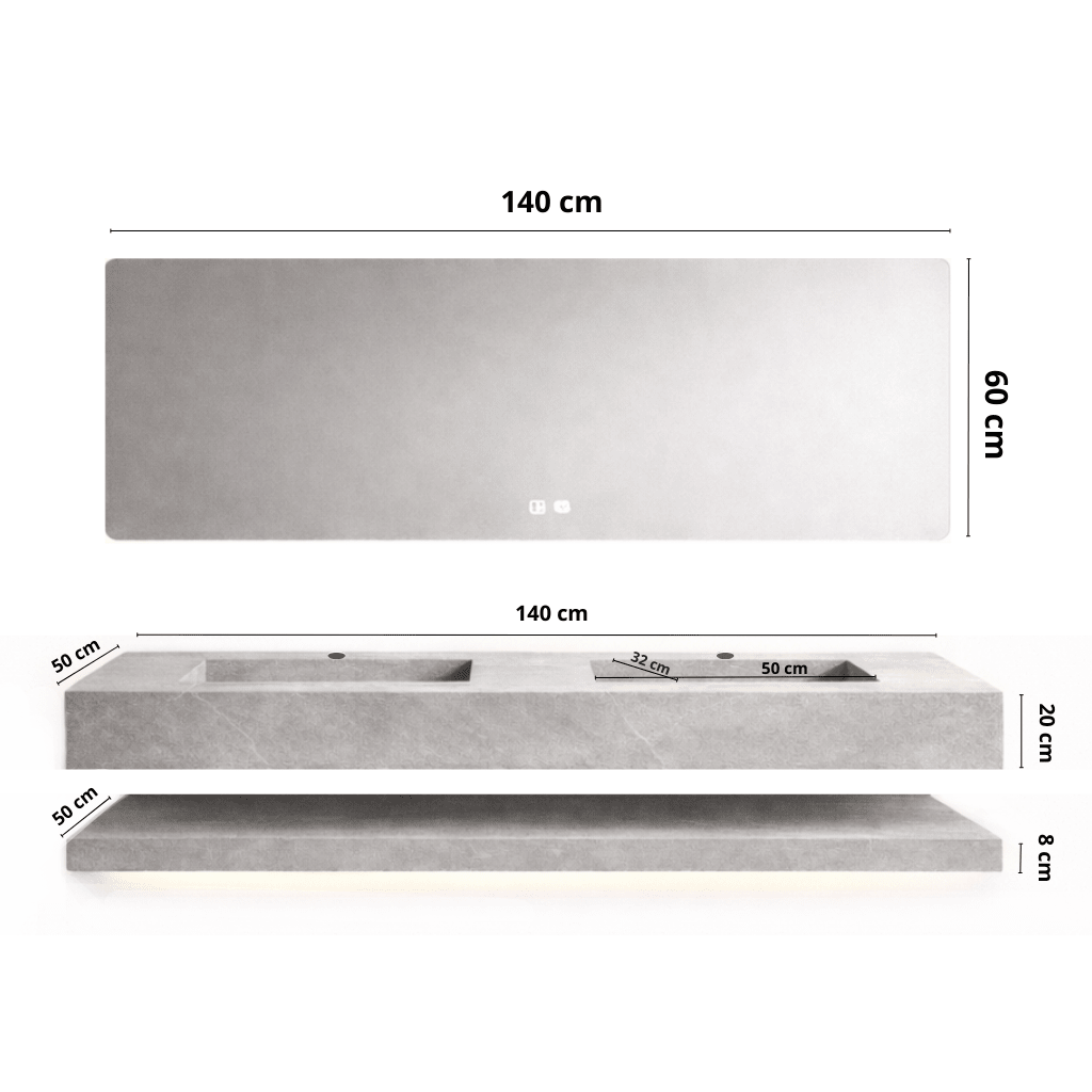 Lavabo Essenza de piedra sinterizada con espejo LED 140 – Conjunto suspendido de baño - Vintahome