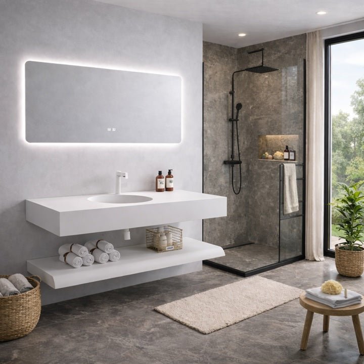 Lavabo Lyra Stone con espejo LED · Conjunto suspendido de baño - Vintahome
