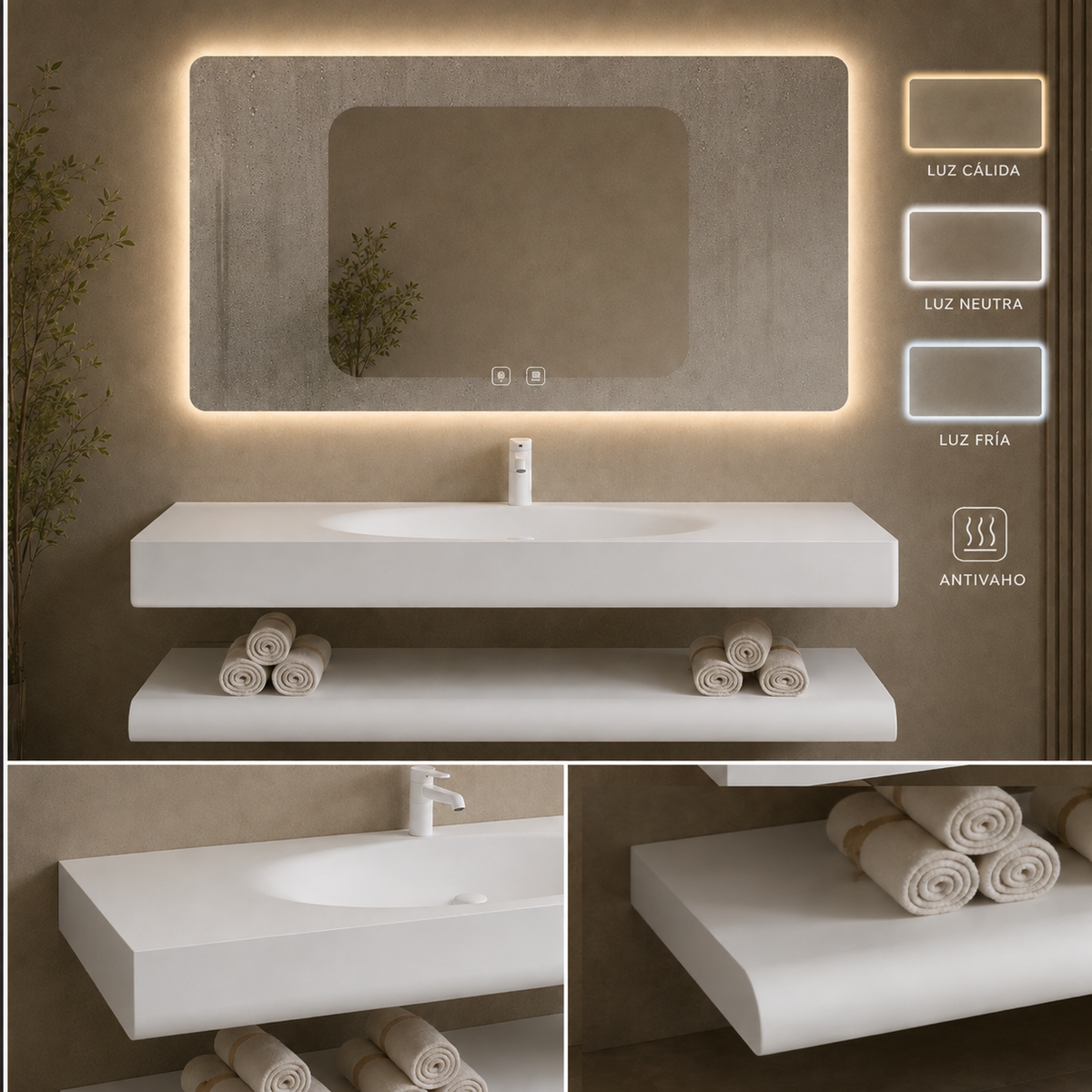Lavabo Siena Stone 120 cm con espejo LED · Conjunto suspendido