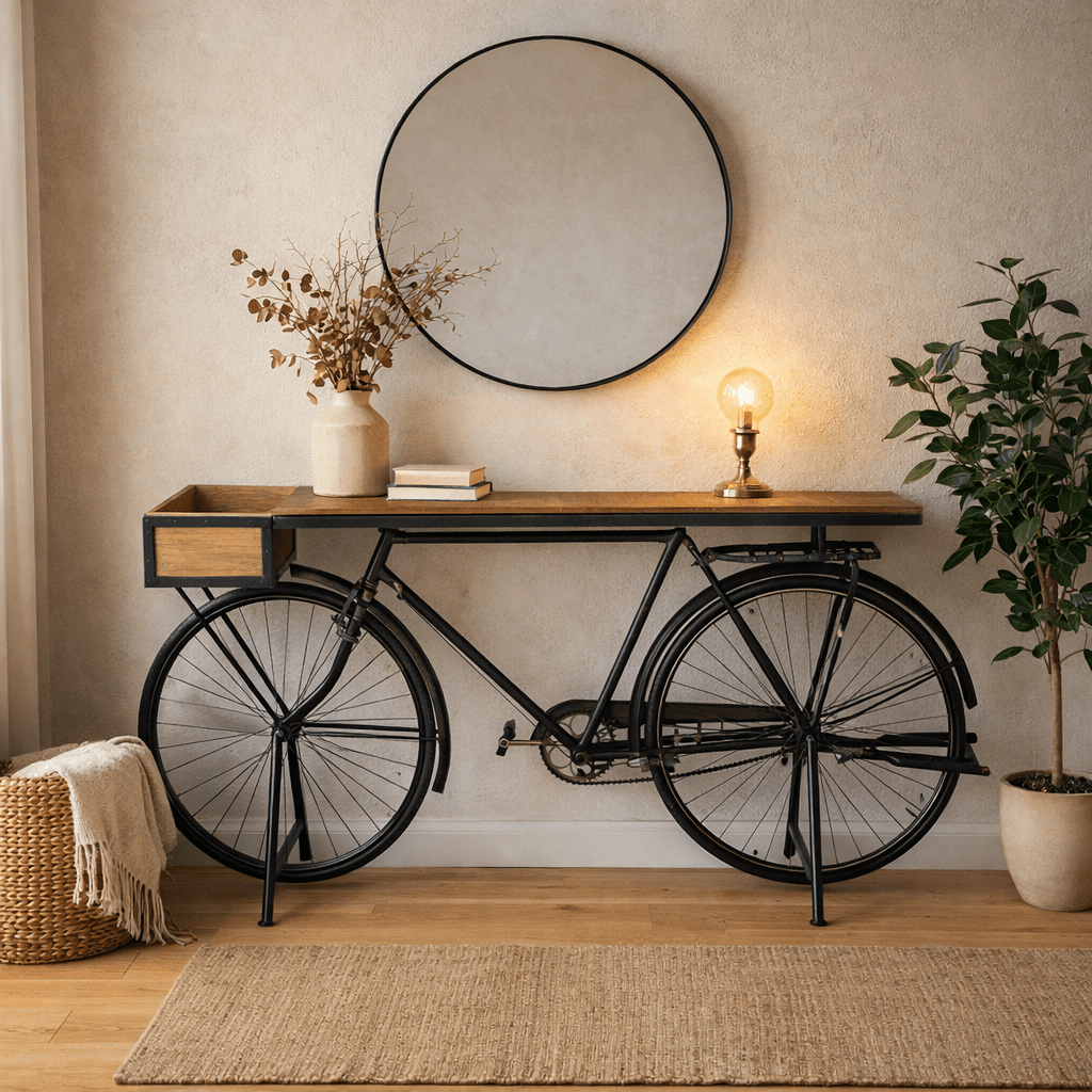Mesa Bicicleta Vintage Consola Industrial de Madera y Metal