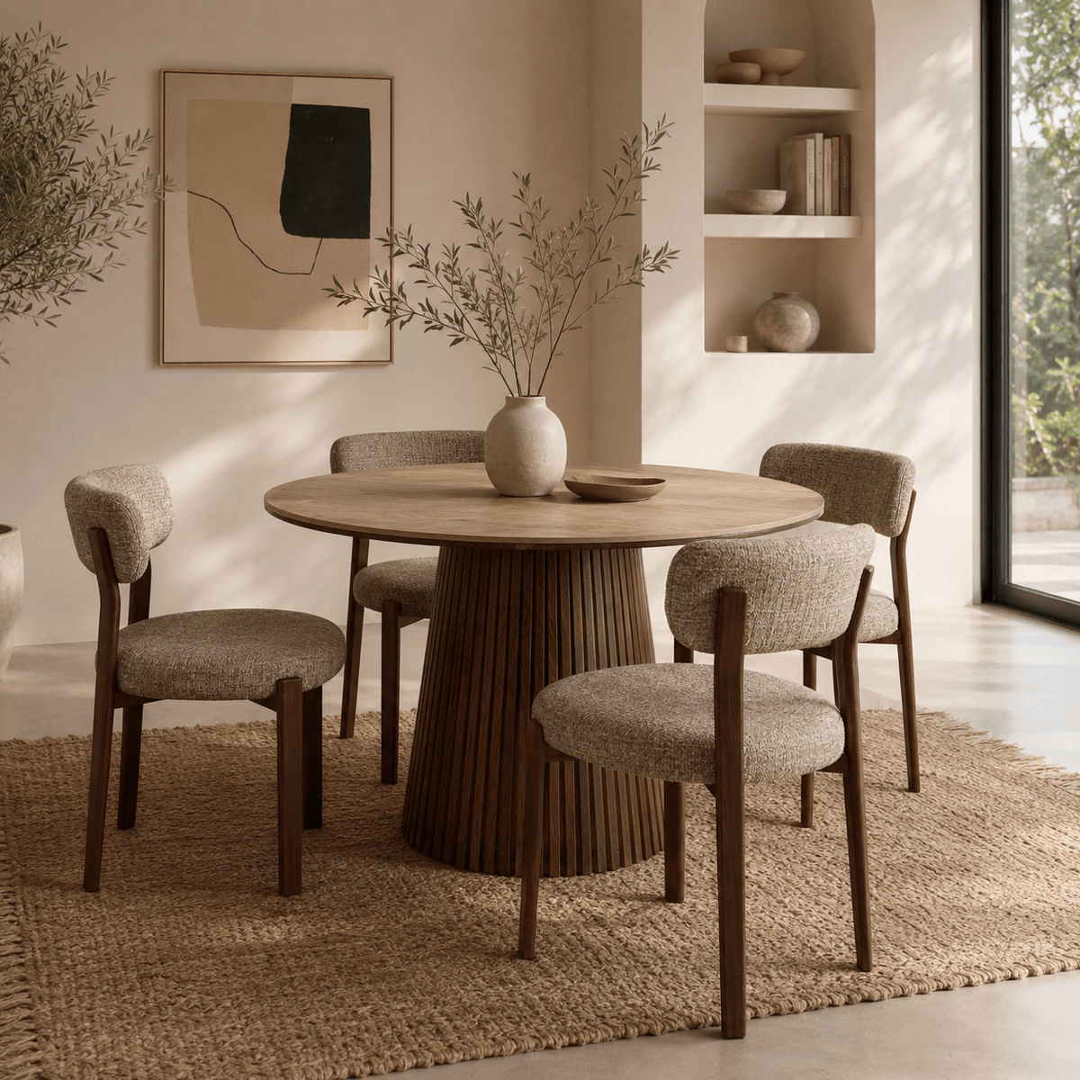 Mesa de comedor redonda en piedra sinterizada efecto travertino Elara 120 cm - Vintahome