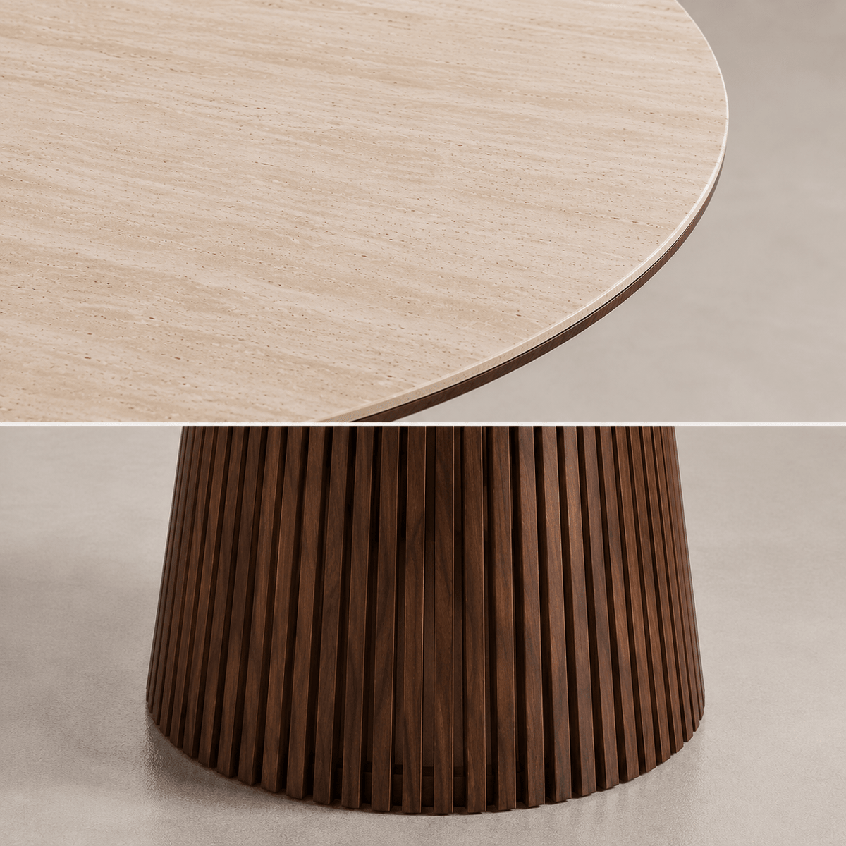 Mesa de comedor redonda en piedra sinterizada efecto travertino Elara 120 cm - Vintahome