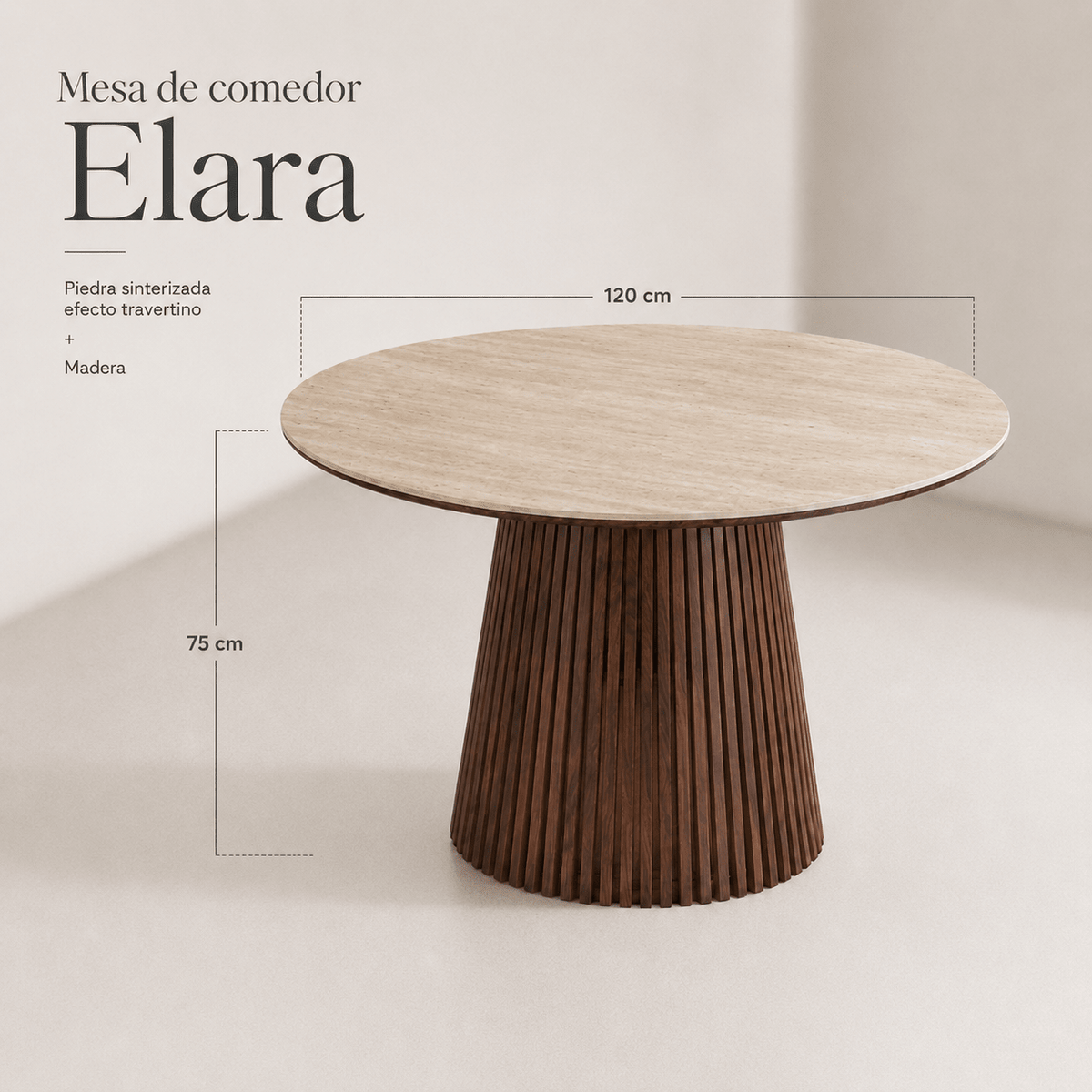Mesa de comedor redonda en piedra sinterizada efecto travertino Elara 120 cm - Vintahome