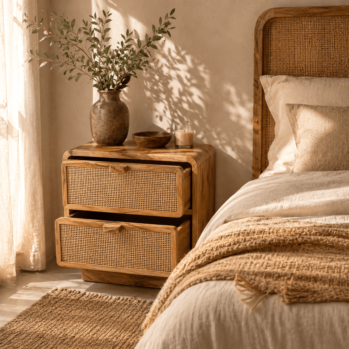 Mesilla de noche Liora de madera de mango y yute natural - Vintahome