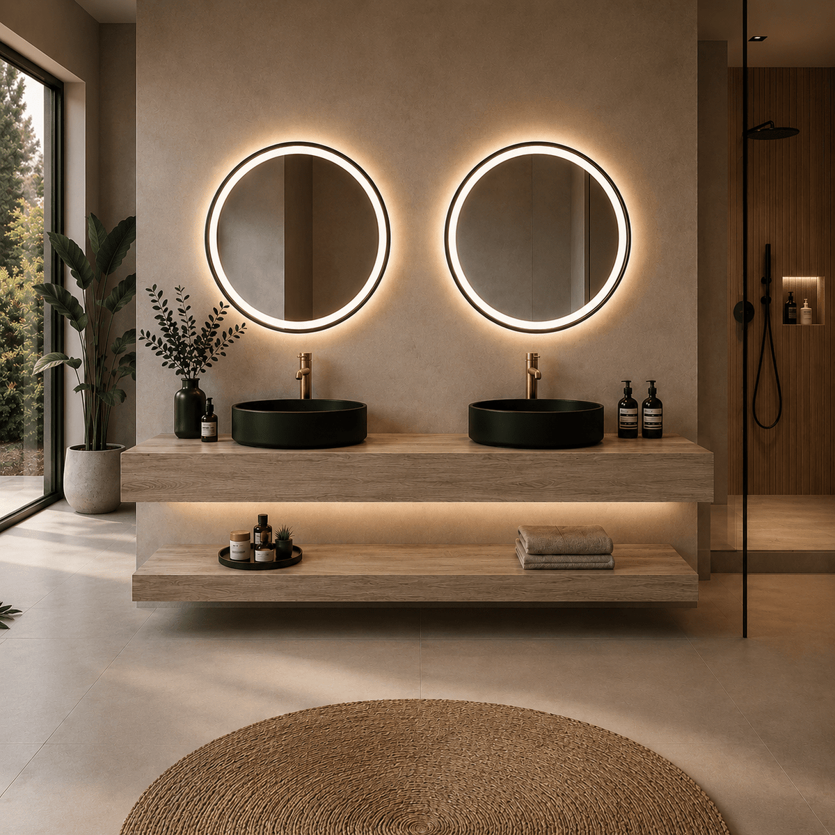 Mueble de baño encimera 2 lavabos redondos 140 + espejos led Mauricio Gold - Vintahome