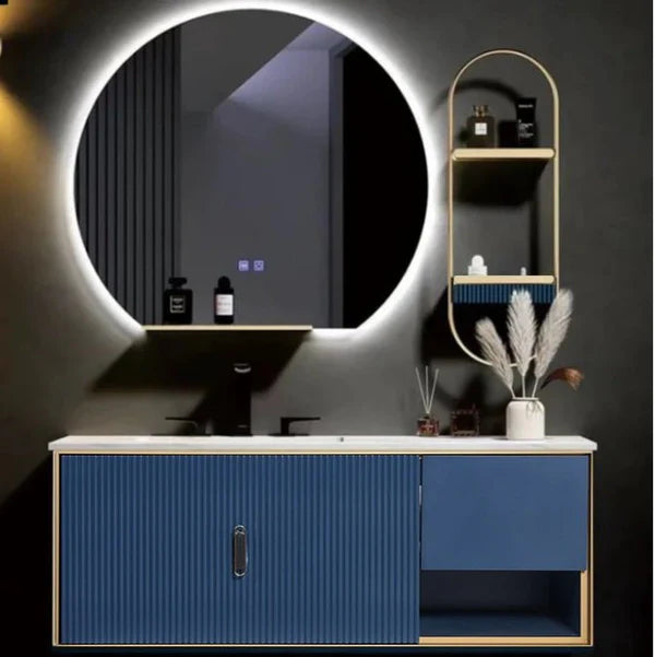 Móvel de casa de banho alpino lacado azul de 4 peças de 100 cm com espelho LED