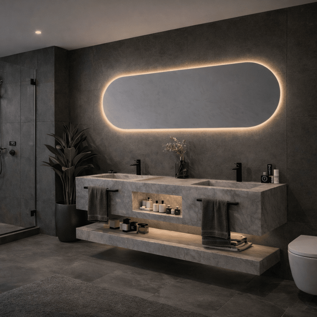 Mueble de baño MILOR con dos lavabos y espejo oval LED - Vintahome