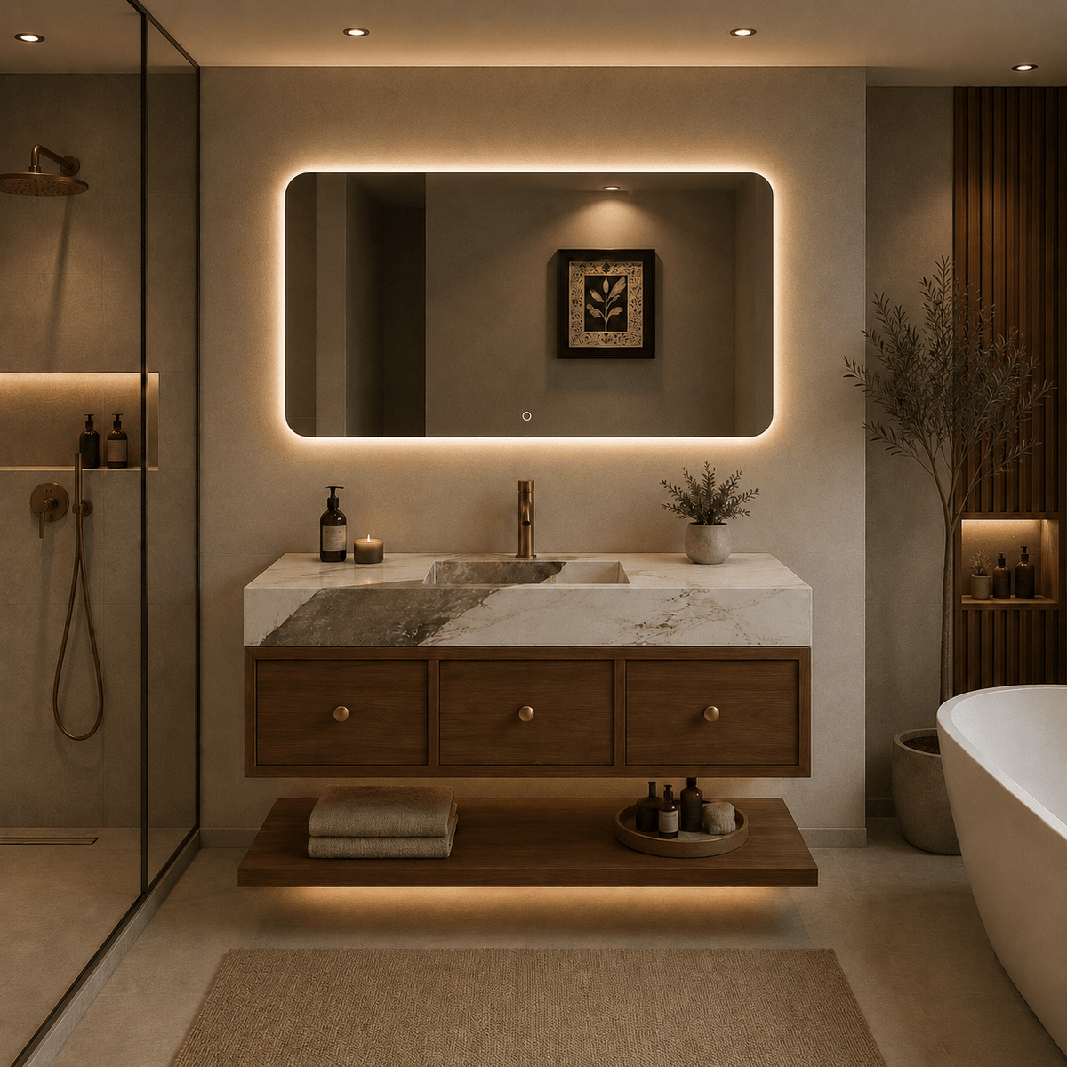 Mueble de baño Sendai con espejo LED, 3 cajones y piedra sinterizada pandora - Vintahome