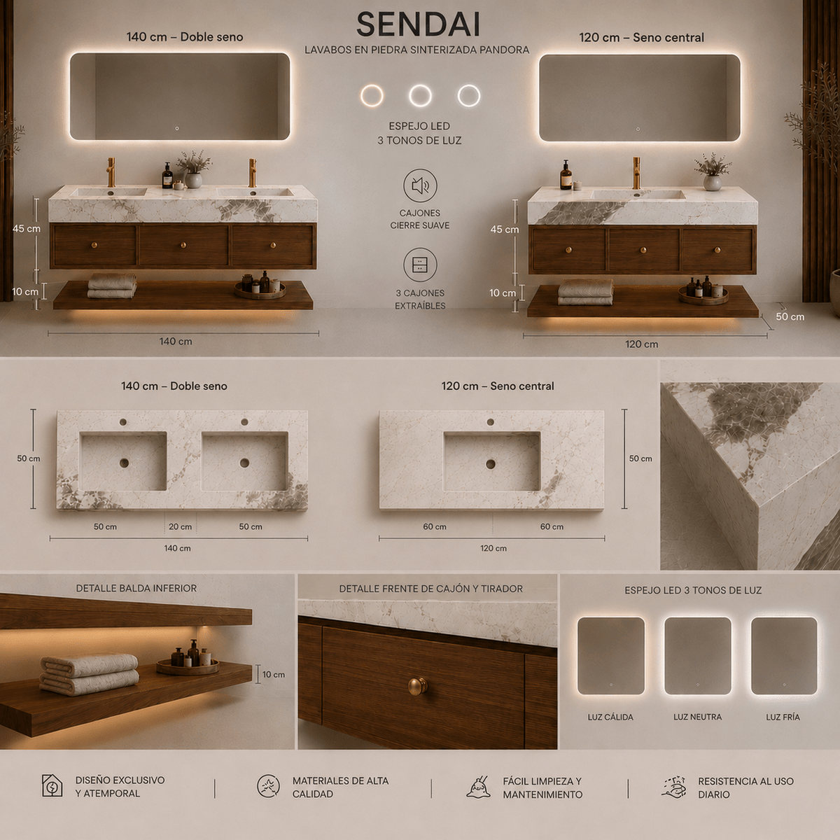 Mueble de baño Sendai con espejo LED, 3 cajones y piedra sinterizada pandora - Vintahome