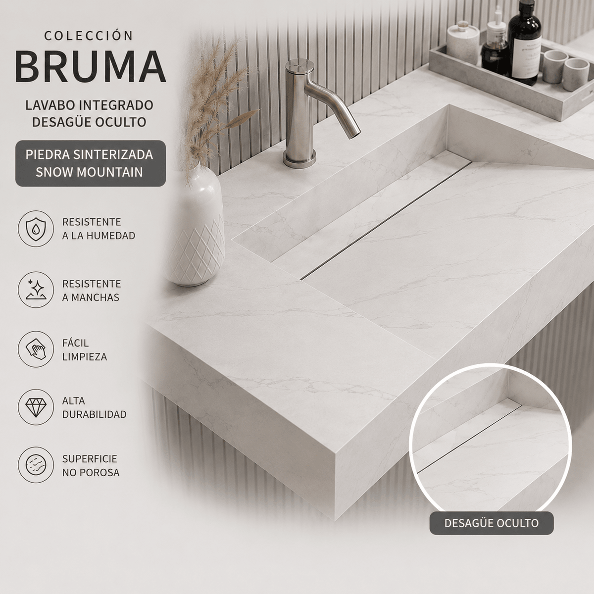 Mueble de baño suspendido bruma con lavabo integrado y espejo Led - Vintahome
