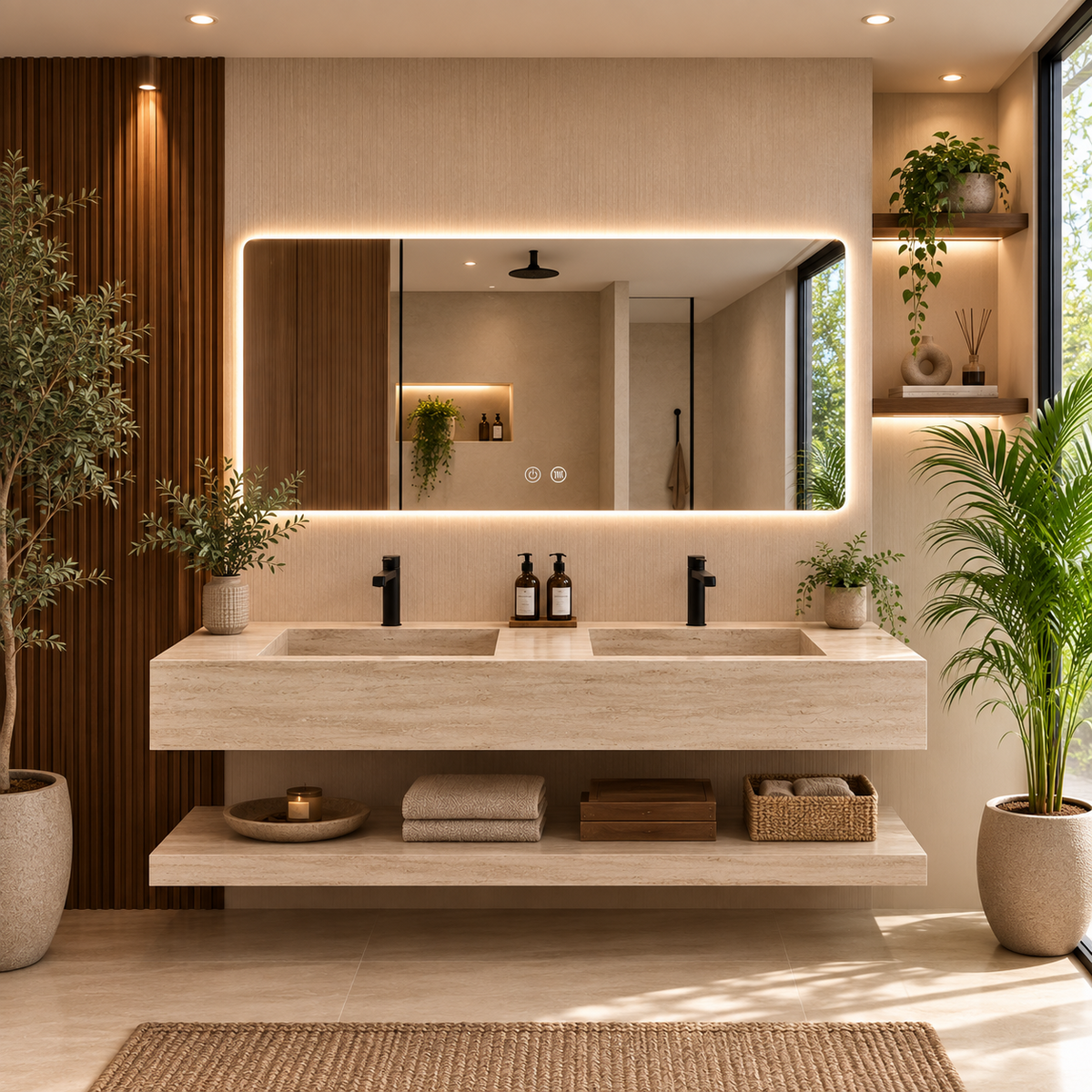 Lavabo Sena Travertino 140 con balda y espejo LED