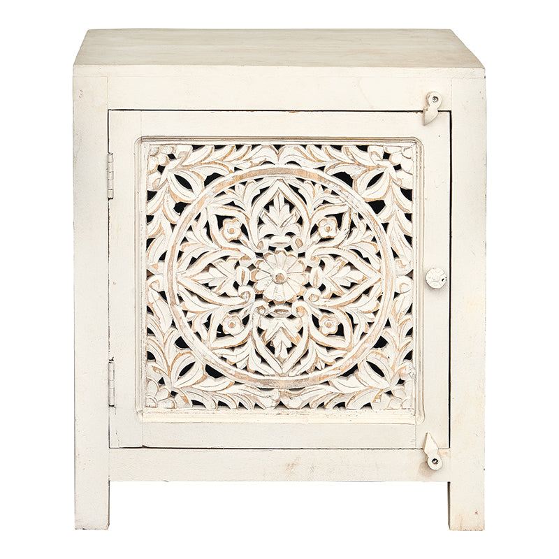 Mesita de noche Moly de madera blanca tallada