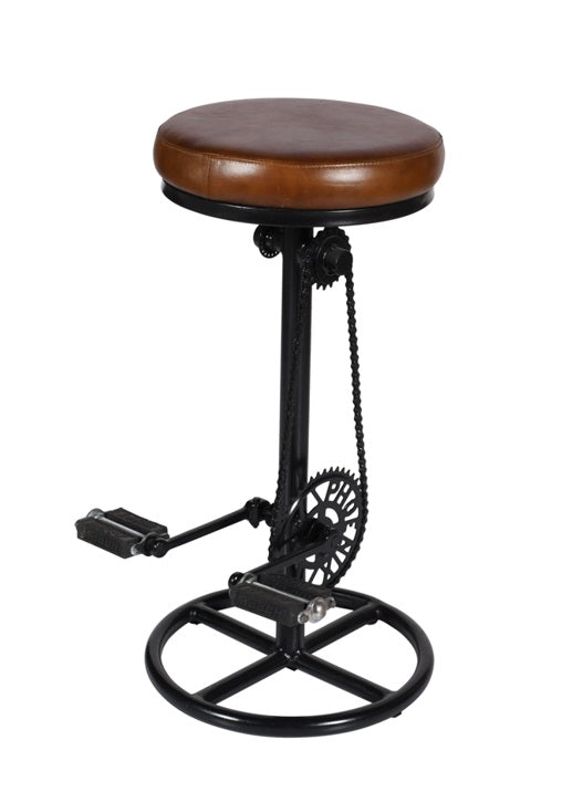 Tabouret de bar à pédales assise en cuir marron